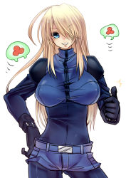 Rule 34 | 1girl, adapted costume, ahoge, alien, bad id, bad pixiv id, belt, blonde hair, blue eyes, bodysuit, breasts, buckle, colored eyelashes, covered navel, cowboy shot, flying, gloves, grin, hair over one eye, impossible clothes, impossible shirt, large breasts, looking at viewer, metroid, metroid (creature), metroid fusion, monster, motion lines, navel, nintendo, ran komomo, samus aran, shirt, short shorts, shorts, simple background, smile, solo, sports bra, taut clothes, thumbs up, turtleneck, white background