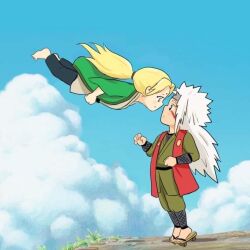 Rule 34 | :o, barefoot, blonde hair, blue sky, cloud, cloudy sky, face-to-face, facial mark, fishnets, floating, forehead jewel, forehead protector, hair tied back, jacket, japanese clothes, jiraiya (naruto), kimono, looking at another, multicolored clothes, multicolored jacket, naruto (series), naruto shippuuden, sandals, sky, smile, spiked hair, standing on rock, standing on tiptoe, tsunade (naruto), white hair