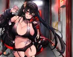 Rule 34 | 1girl, absurdres, azur lane, bare shoulders, black hair, black jacket, black shorts, black thighhighs, blush, breasts, chickenvomit, cleavage, collar, crossed bangs, garter straps, gloves, hair between eyes, hair ornament, hallway, halterneck, head tilt, highres, holding, holding key, huge filesize, indoors, jacket, jacket on shoulders, key, large breasts, licking lips, long hair, looking at viewer, midriff, navel, open clothes, open jacket, red eyes, red gloves, revealing clothes, short shorts, shorts, single glove, solo, stomach, taihou (azur lane), tattoo, thighhighs, tongue, tongue out, torn clothes, torn thighhighs, twintails, very long hair