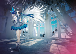 Rule 34 | 1girl, abstract, bare shoulders, black hair, blue eyes, blue theme, bouquet, bow, feathers, flower, from behind, high heels, highres, long hair, looking back, ochakai shin&#039;ya, original, rose, shoes, solo, window, wings, wrist cuffs