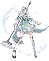 Rule 34 | 10s, 1boy, alternate costume, apron, bishounen, crossdressing, enmaided, maid, maid headdress, male focus, mikleo (tales), mop, open mouth, p-nekor, purple eyes, silver hair, solo, tales of (series), tales of zestiria, thighhighs