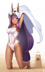 Rule 34 | 1girl, absurdres, animal ears, armpits, arms up, breasts, collarbone, commentary request, competition swimsuit, cosplay, covered navel, dark-skinned female, dark skin, ears through headwear, facial mark, fate/grand order, fate (series), goback, hair between eyes, hairband, highres, jackal ears, kneeling, long hair, looking at viewer, low-tied long hair, medium breasts, medjed (fate), medjed (fate) (cosplay), nitocris (fate), nitocris (fate/grand order), nitocris (swimsuit assassin) (fate), nitocris (swimsuit assassin) (second ascension) (fate), one-piece swimsuit, parted lips, purple eyes, purple hair, sand castle, sand sculpture, swimsuit, very long hair, white background, white one-piece swimsuit
