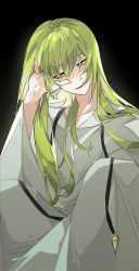 Rule 34 | 1other, allsu official, androgynous, black background, commentary request, enkidu (fate), fate/grand order, fate/strange fake, fate/zero, fate (series), green eyes, green hair, highres, korean commentary, long hair, long sleeves, looking away, robe, simple background, smile, solo, upper body, very long hair, white robe