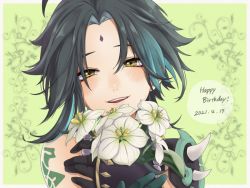 Rule 34 | 1boy, ahoge, arm guards, arm tattoo, armor, asymmetrical clothes, bead necklace, beads, black gloves, black hair, blush, commentary request, diamond-shaped pupils, diamond (shape), eyeshadow, facial mark, flower, forehead mark, genshin impact, gloves, green gloves, green hair, holding, holding flower, jewelry, looking at viewer, makeup, male focus, miko to no haka, multicolored hair, necklace, open mouth, parted bangs, red eyeshadow, short hair with long locks, shoulder armor, shoulder pads, shoulder spikes, single bare shoulder, smile, solo, spikes, symbol-shaped pupils, tattoo, two-tone hair, white flower, xiao (genshin impact), yellow eyes