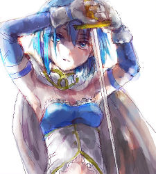 Rule 34 | 10s, 1girl, armband, armpits, arms up, blue eyes, blue hair, cape, gloves, lowres, magical girl, mahou shoujo madoka magica, mahou shoujo madoka magica (anime), matching hair/eyes, miki sayaka, pooj, short hair, solo, sword, weapon, white background