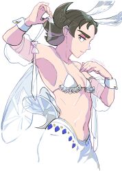 Rule 34 | 1boy, alternate costume, bikini, bikini top only, black eyes, bow, bright pupils, commentary request, creatures (company), crossdressing, eyeshadow, game freak, giacomo (pokemon), hands up, highres, holding, looking down, makeup, male focus, navel, nintendo, nyoripoke, pants, parted lips, pointy hair, pokemon, pokemon sv, ribs, see-through, see-through ribbon, see-through sleeves, solo, swimsuit, white pants, white pupils, wrist cuffs