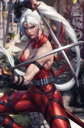 Rule 34 | 1boy, 1girl, black gloves, breasts, cleavage, closed mouth, dc comics, dual wielding, facial mark, fingerless gloves, forehead mark, gloves, highres, holding, holding sword, holding weapon, large breasts, long hair, looking at viewer, ponytail, realistic, red lips, signature, single bare shoulder, solo focus, stanley lau, sword, very long hair, weapon, white hair, wild c.a.t.s, zealot (wildc.a.t.s)