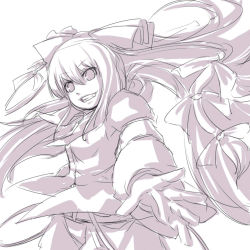 Rule 34 | 1girl, artist request, bow, female focus, foreshortening, from below, fujiwara no mokou, grin, hair bow, hair ribbon, ishikoro, long hair, long sleeves, looking down, monochrome, outstretched arm, outstretched hand, reaching, ribbon, shirt, simple background, sketch, smile, solo, suspenders, touhou