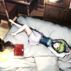 Rule 34 | 1girl, absurdres, arms up, barefoot, bed, bed sheet, bedroom, blue eyes, blurry, book, chair, closet, depth of field, dress, fire emblem, fire emblem: the blazing blade, green hair, highres, indoors, legs, long sleeves, lying, nino (fire emblem), nintendo, on back, on bed, one eye closed, pillow, short hair, solo, stretching, toes, watarino, white dress