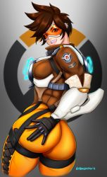 Rule 34 | 1girl, ass, bodysuit, breasts, brown eyes, brown hair, cameltoe, fang, from behind, gloves, goggles, hand on ass, highres, huge ass, jacket, large breasts, looking at viewer, mkonstantinov, open mouth, overwatch, overwatch 1, short hair, sideboob, skin tight, smile, solo, tracer (overwatch)