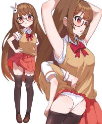 Rule 34 | 1girl, :o, absurdres, arms up, ass, black pantyhose, black thighhighs, bow, bowtie, breasts, brown footwear, brown hair, brown sweater vest, clothes pull, collared shirt, commentary, commission, dated commentary, glasses, hair ornament, hand on own hip, highres, long hair, miniskirt, multiple views, open mouth, original, panties, pantyhose, pantyhose pull, pleated skirt, pulling own clothes, rabbit hair ornament, red bow, red bowtie, red eyes, red skirt, semi-rimless eyewear, shirt, shoes, short sleeves, simple background, skirt, small breasts, sweater vest, teeth, thighhighs, under-rim eyewear, underwear, upper teeth only, very long hair, white background, white panties, white shirt, zara (artist)