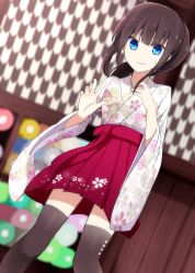 Rule 34 | 1girl, a.a (aa772), black thighhighs, blue eyes, blurry, blurry background, brown hair, closed mouth, commentary request, depth of field, dutch angle, fingernails, floral print, hakama, hakama-chan (aa), hakama skirt, indoors, japanese clothes, kimono, long sleeves, looking at viewer, original, print kimono, purple hakama, short kimono, skirt, solo, sweat, thighhighs, wavy mouth, white kimono, wide sleeves