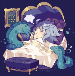 Rule 34 | 1boy, :&lt;, ahoge, animal, artist name, azul ashengrotto, blanket, blue hair, blush stickers, bubble, chibi, closed mouth, eel, closed eyes, unworn eyewear, fish, grey-framed eyewear, highres, light blue hair, lying, male focus, mole, mole under mouth, mouth hold, on bed, painting (object), picture frame, pillow, short hair, sleeping, solo, tagme, thought bubble, twisted wonderland, under covers, yumenouchi chiharu