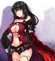 Rule 34 | 1girl, bandaged arm, bandages, bare shoulders, belt, black choker, black coat, black hair, black shorts, blush, breasts, choker, claws, cleavage, coat, collarbone, commentary, covered erect nipples, cowboy shot, cutoffs, groin, hair between eyes, hand on own hip, highres, large breasts, long hair, looking at viewer, low-tied long hair, midriff, navel, off-shoulder coat, off shoulder, open clothes, open coat, open fly, parted lips, senra banshou, short shorts, shorts, sidelocks, solo, tales of (series), tales of berseria, thighhighs, torn clothes, torn shorts, torn thighhighs, underboob, velvet crowe, very long hair, yellow eyes