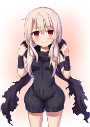 Rule 34 | 1girl, black scarf, blonde hair, blush, commentary request, cosplay, cowboy shot, eyes visible through hair, fate/kaleid liner prisma illya, fate (series), hair between eyes, hassan of the cursed arm (fate), hassan of the cursed arm (fate) (cosplay), highres, hood, hood down, illyasviel von einzbern, long hair, looking at viewer, low twintails, morokoshi (tekku), red eyes, scarf, simple background, smile, solo, twintails