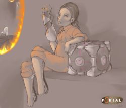 Rule 34 | brown eyes, brown hair, chell, cube, heart, highres, jumpsuit, long hair, non-web source, orange jumpsuit, ponytail, portal (object), portal (series), portal 1, sleeves rolled up, sentry turret (portal), valve, aperture science weighted companion cube