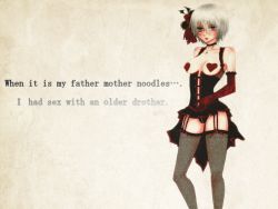 Rule 34 | 1girl, breasts, capcom, dante, devil may cry (series), elbow gloves, english text, engrish text, gender request, genderswap, gloves, lipstick, makeup, ranguage, short hair, silver hair, thighhighs