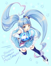 Rule 34 | 10s, 1girl, :3, :d, black thighhighs, blue background, blue dress, blue eyes, blue hair, blunt bangs, brooch, crown, cure princess, dress, full body, happinesscharge precure!, heart, heart brooch, long hair, magical girl, matching hair/eyes, open mouth, precure, shirayuki hime, smile, solo, thighhighs, twintails, very long hair, yamucha, zettai ryouiki