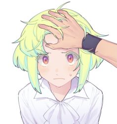 Rule 34 | 2boys, ascot, black wristband, blush, galo thymos, green hair, headpat, kome 1022, lio fotia, looking at viewer, looking up, male focus, multiple boys, out of frame, pov, pov hands, promare, purple eyes, ruffling hair, shirt, short hair, sidelocks, simple background, sweatdrop, trap, v-shaped eyebrows, white ascot, white background, white shirt