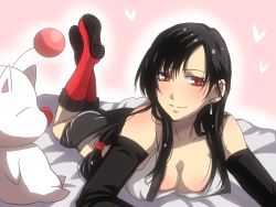 Rule 34 | 1990s (style), 1girl, bad id, bad pixiv id, bed, black hair, blush, body blush, boots, breasts, cleavage, earrings, elbow gloves, final fantasy, final fantasy vii, gloves, jewelry, kn96, large breasts, long hair, lying, miniskirt, moogle, on stomach, piercing, ponytail, red eyes, skirt, smile, suspenders, tank top, tifa lockhart