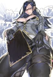 Rule 34 | 10s, 1girl, areola slip, black hair, breasts, center opening, cleavage, covered erect nipples, from below, glasses, gloves, granblue fantasy, long hair, nipples, priest producer (granblue fantasy), sweat, zunta