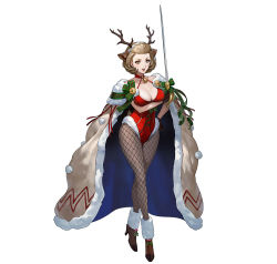 Rule 34 | 1girl, animal costume, animal ears, ankle boots, antlers, bell, boots, breasts, brown cape, brown eyes, brown footwear, brown gloves, brown hair, cape, choker, christmas, cleavage, deer tail, ekao, eyeshadow, fake animal ears, fake antlers, fake tail, female focus, fire emblem, fire emblem: three houses, fire emblem heroes, fishnet pantyhose, fishnets, full body, fur-trimmed boots, fur-trimmed cape, fur-trimmed leotard, fur leotard, fur trim, gloves, hair slicked back, high heel boots, high heels, highleg, highleg leotard, holding, holding sword, holding weapon, horns, jingle bell, large breasts, leotard, lipstick, makeup, manuela casagranda, matching hair/eyes, mole, mole under eye, neck bell, nintendo, official alternate costume, official art, open mouth, orange eyeshadow, orange lips, pantyhose, red leotard, reindeer, reindeer antlers, reindeer costume, short hair, smile, solo, standing, sword, tail, weapon