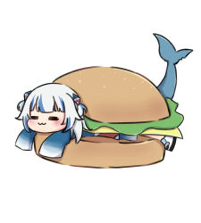 Rule 34 | 1girl, absurdres, ange (azukitsunee), animal costume, blunt bangs, burger, closed eyes, closed mouth, fins, fish tail, food, gawr gura, hair ornament, highres, hololive, hololive english, multicolored hair, shark costume, shark girl, shark hair ornament, shark tail, sidelocks, smile, smol gura, solo, streaked hair, tail, two side up, virtual youtuber