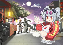 Rule 34 | 2boys, 2girls, :t, arknights, black coat, black hair, black headwear, black pants, blush, bowl, breasts, capelet, chinese commentary, coat, commentary request, crop top, cropped torso, feater (arknights), fedora, full moon, furry, grey hair, hair between eyes, hand up, hat, heiqi (sharpface), highres, holding, holding bowl, holding spoon, jacket, jaye (arknights), jaye (beach guard) (arknights), jaye (elite ii) (arknights), large breasts, lee (arknights), long hair, long sleeves, midriff, moon, multicolored hair, multiple boys, multiple girls, navel, night, night sky, official alternate costume, open clothes, open jacket, outdoors, pants, red eyes, red jacket, shirt, shoes, sky, smile, spoon, stomach, streaked hair, tail, tiger tail, translation request, twintails, waai fu (arknights), white capelet, white shirt
