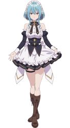 Rule 34 | 1girl, apron, bare shoulders, black bow, black bowtie, black skirt, blue hair, boots, bow, bowtie, brown footwear, closed mouth, detached sleeves, full body, highres, hikikomari kyuuketsuki no monmon, knee boots, long sleeves, looking at viewer, maid, maid apron, maid headdress, official art, shirt, short hair with long locks, simple background, skirt, sleeveless, sleeveless shirt, solo, standing, thigh strap, transparent background, villhaze, white apron, white shirt, yellow eyes