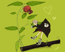 Rule 34 | 00s, 1girl, aquaxdrop, black dress, blonde hair, dress, green background, long sleeves, looking at viewer, maka albarn, non-web source, outstretched arms, plant, short hair, simple background, solo, soul eater, standing, twintails