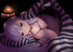 Rule 34 | 1girl, alternate costume, azur lane, bed, bed sheet, belfast (azur lane), black panties, blanket, blue eyes, blush, braid, breasts, byte (allbyte), chain, cleavage, closed mouth, collarbone, dark background, foreshortening, french braid, gloves, long hair, long sleeves, looking at viewer, lying, medium breasts, nose blush, on bed, on side, panties, pillow, pink shirt, purple hair, shirt, smile, solo, striped pillow, tareme, thigh gap, thighs, under covers, underwear, white gloves