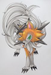 Rule 34 | bad id, bad pixiv id, claws, creature, creatures (company), full body, game freak, gen 7 pokemon, green eyes, grey background, looking at viewer, lycanroc, lycanroc (dusk), marker (medium), nintendo, no humans, pokemon, pokemon (creature), simple background, solo, soma somari, spikes, standing, traditional media