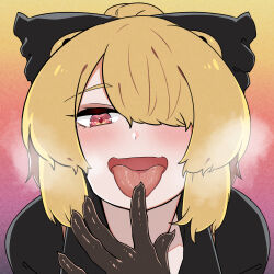 Rule 34 | 1girl, black bow, black gloves, black shirt, blonde hair, blush, bow, breath, brown eyes, collared shirt, commentary request, finger to tongue, gloves, hair between eyes, hair bow, hair bun, hair over one eye, highres, kurodani yamame, looking at viewer, open mouth, rinyamame, shirt, short hair, smile, solo, tongue, tongue out, touhou, upper body
