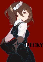 Rule 34 | 1girl, adapted costume, aged up, becky blackbell, black dress, black jacket, breasts, brown eyes, brown hair, character name, closed mouth, collared shirt, cowboy shot, curly hair, dress, dressing, eden academy school uniform, hair ornament, hair scrunchie, hairclip, highres, jacket, long sleeves, looking at viewer, looking back, off shoulder, pinafore dress, red background, ribbon trim, school uniform, scrunchie, shell hair ornament, shirt, simple background, sleeveless dress, smile, solo, spy x family, teo1984, twintails, white shirt