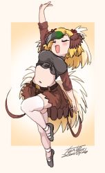 Rule 34 | 1girl, arm up, belt, bird tail, black hair, blonde hair, closed eyes, dated, fanta (the banana pistols), full body, greater bird-of-paradise (kemono friends), green hair, grey hair, head wings, highres, kemono friends, medium hair, midriff peek, miniskirt, multicolored hair, navel, open mouth, outstretched arms, outstretched leg, skirt, smile, solo, stomach, stretching, tail, thighhighs, wings