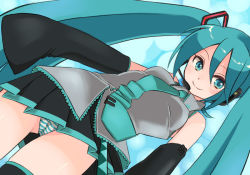 Rule 34 | 1girl, aqua hair, bad id, bad pixiv id, detached sleeves, dutch angle, emdo (norabbit), hatsune miku, necktie, panties, pantyshot, skirt, solo, striped clothes, striped panties, thighhighs, twintails, underwear, vocaloid