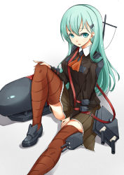 Rule 34 | 10s, 1girl, aqua eyes, aqua hair, ascot, asya, blazer, blouse, breasts, brown thighhighs, cannon, catapult, hair ornament, hairclip, highres, jacket, kantai collection, long hair, looking at viewer, medium breasts, open mouth, school uniform, shirt, skirt, smile, solo, suzuya (kancolle), thighhighs, turret, zettai ryouiki
