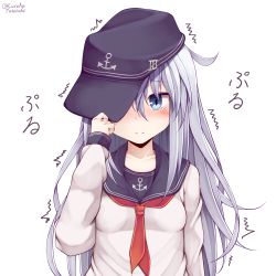Rule 34 | 1girl, absurdres, anchor symbol, blue eyes, blush, breasts, hair between eyes, hat, hibiki (kancolle), highres, kantai collection, long hair, long sleeves, looking at viewer, neckerchief, red neckerchief, school uniform, serafuku, silver hair, simple background, small breasts, smile, solo, tateishi kureha, white background