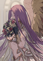 Rule 34 | 1girl, absurdres, blurry, blurry background, breasts, closed eyes, fate/grand order, fate (series), fingernails, gorgon (fate), gorgon (third ascension) (fate), highres, long hair, medusa (fate), medusa (rider) (fate), midriff, monster girl, purple hair, rider, sharp fingernails, sketch, solo, very long hair, wings, wreath, zhibuji loom
