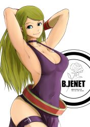 Rule 34 | 1girl, aqua eyes, armpits, arms behind head, blonde hair, breasts, cleavage, covered navel, dress, fatal fury, garou: mark of the wolves, highres, jenet behrn, large breasts, long hair, looking at viewer, smile, snk, solo, the king of fighters