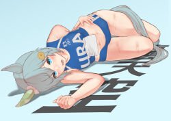 Rule 34 | 1girl, absurdres, animal ears, bare shoulders, blue background, blue eyes, blue shirt, blue shorts, breasts, commentary request, ear covers, grey hair, hair between eyes, hair ornament, hairclip, highres, horse ears, horse girl, horse tail, light blue background, looking at viewer, lower teeth only, lying, medium breasts, midriff, navel, on side, open mouth, seiun sky (umamusume), shirt, short hair, short shorts, shorts, single ear cover, sleeveless, sleeveless shirt, smile, solo, sweat, tail, tatsu san, teeth, umamusume