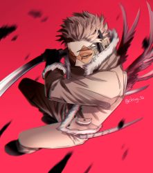 Rule 34 | 1boy, belt, blonde hair, blurry, boku no hero academia, boots, brown jacket, brown pants, ching 32, costume, depth of field, facial mark, feathered wings, feathers, fighting stance, from above, full body, fur-trimmed jacket, fur trim, gloves, hawks (boku no hero academia), headphones, highres, holding, holding sword, holding weapon, jacket, katana, male focus, mini wings, motion blur, narrowed eyes, pants, red background, red feathers, red wings, rimless eyewear, short hair, soft focus, solo, sword, tinted eyewear, twitter username, weapon, wings, yellow eyes