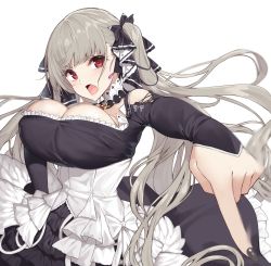 Rule 34 | 1girl, azur lane, bare shoulders, black dress, black nails, blush, breasts, dress, earrings, floating hair, formidable (azur lane), frilled dress, frills, grey hair, hair ribbon, hand on own hip, highres, jewelry, large breasts, long hair, long sleeves, looking at viewer, motion blur, nail polish, open mouth, red eyes, ribbon, simple background, solo, twintails, two-tone dress, very long hair, white background, yappen