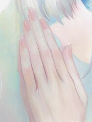Rule 34 | 1girl, blue eyes, close-up, commentary, hand focus, highres, kaede (shijie heping), oil painting (medium), original, painting (medium), pink nails, profile, short hair, solo, traditional media, white hair