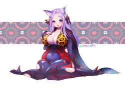 Rule 34 | 10s, 1girl, alternate breast size, animal ears, bell, blade &amp; soul, breasts, cape, cat ears, cleavage, high heels, huge breasts, kanola u, long hair, looking at viewer, lyn (blade &amp; soul), nail polish, aged up, open mouth, plump, purple eyes, purple hair, sitting, solo, tareme, thick thighs, thighs, wariza, wide hips