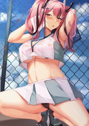 Rule 34 | 1girl, armpits, azur lane, bare shoulders, black panties, breasts, bremerton (azur lane), bremerton (scorching-hot training) (azur lane), chain-link fence, cleavage, collarbone, commentary request, crop top, crop top overhang, fence, full body, grey hair, hair between eyes, hair ornament, hairclip, heart, heart necklace, highres, kazuha (saku kn), large breasts, looking at viewer, miniskirt, mole, mole under eye, multicolored hair, necklace, open mouth, panties, pink eyes, pink hair, see-through, shirt, skirt, sleeveless, sleeveless shirt, solo, sportswear, squatting, stomach, streaked hair, tennis uniform, thighs, two-tone hair, two-tone shirt, two-tone skirt, underboob, underwear, wet, wet clothes, x hair ornament