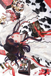 Rule 34 | 1girl, animal print, arrow (projectile), bag, bell, black gloves, brown hair, chinese zodiac, commentary request, cow print, earrings, gloves, hamaya, handbag, highres, japanese clothes, jewelry, kimono, lace, lace gloves, long hair, looking at viewer, mege (megechan), obi, open mouth, original, print kimono, red eyes, red ribbon, ribbon, sash, simple background, smile, solo, tassel, upside-down, white background, white kimono, year of the ox