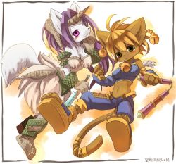 Rule 34 | 2girls, angel wings, animal ear fluff, animal ears, armor, back, bare shoulders, bell, big hair, blue eyes, body fur, breasts, brown hair, cat, cat ears, cat girl, cat tail, closed eyes, closed mouth, collarbone, crop top, daena, detached sleeves, dragoon, earrings, eyebrows, full body, furry, furry female, gloves, green eyes, hair between eyes, holding, horns, jewelry, kishibe, large breasts, legend of mana, light brown hair, long hair, looking at viewer, midriff, multiple girls, navel, open mouth, purple hair, scale armor, seiken densetsu, short hair, shoulder armor, sierra (lom), single horn, skirt, slit pupils, smile, stomach, tail, upper body, wings, wolf ears, wolf girl