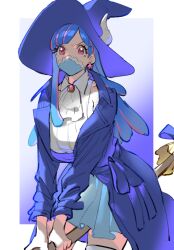 Rule 34 | 1girl, ascot, blue hair, blue mask, blue skirt, broom, broom riding, coat, covered mouth, curled horns, dinosaur girl, earrings, hat, horns, jewelry, long hair, mask, mouth mask, multicolored hair, one piece, pink eyes, pink hair, purple coat, purple hat, raine (acke2445), shirt, skirt, solo, streaked hair, ulti (one piece), white ascot, white shirt, witch, witch hat