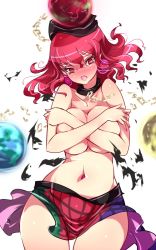 Rule 34 | 1girl, blush, breast press, breasts, broken, broken chain, chain, choker, collarbone, commentary request, covering breasts, covering privates, cowboy shot, earrings, earth (ornament), embarrassed, exploding clothes, full-face blush, hecatia lapislazuli, highres, jewelry, large breasts, miniskirt, moon (ornament), multicolored clothes, multicolored skirt, navel piercing, no nose, one-hour drawing challenge, open mouth, piercing, raptor7, red eyes, red hair, simple background, skirt, solo, tearing up, topless, torn clothes, touhou, white background